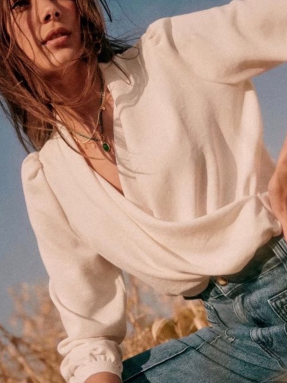 Sezane Cream V-Neck Wrap Sweater